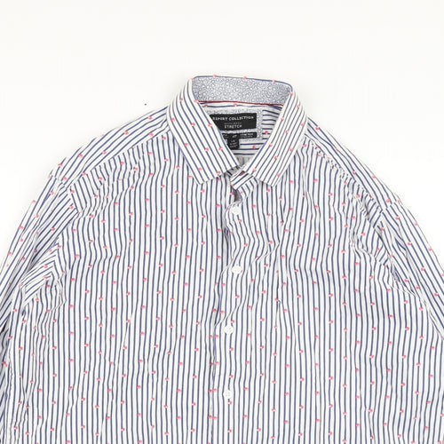 Report Collection Mens Blue Striped Cotton Button-Up Size L Collared Button
