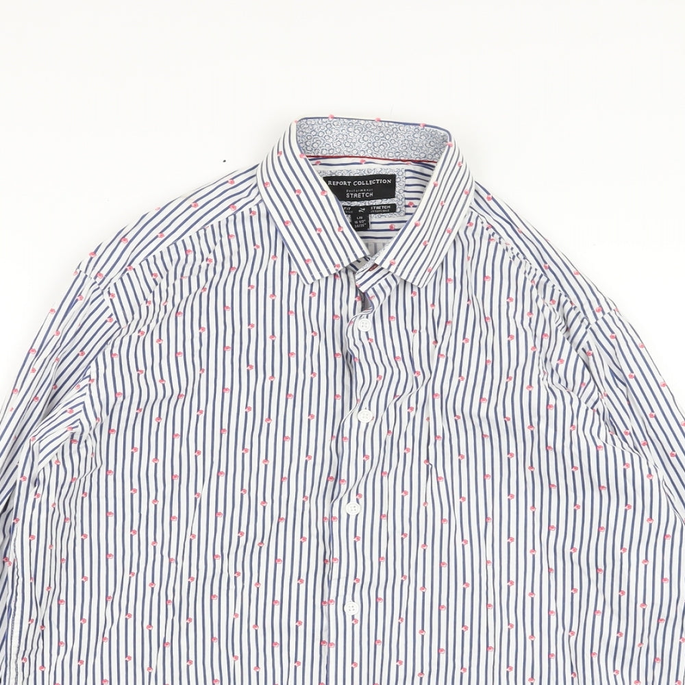 Report Collection Mens Blue Striped Cotton Button-Up Size L Collared Button