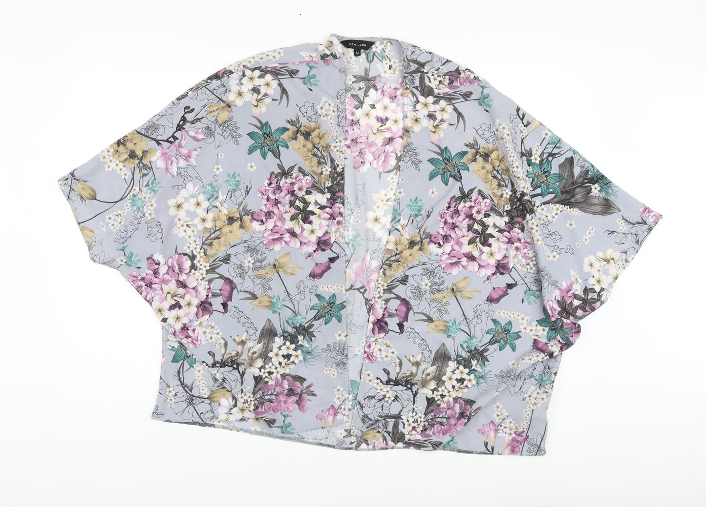 New Look Womens Black Floral Polyester Kimono Blouse Size 12 V-Neck