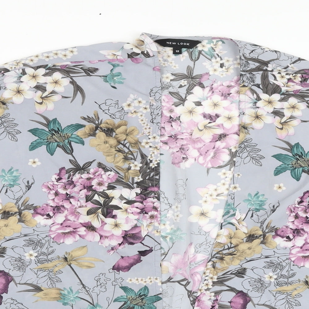 New Look Womens Black Floral Polyester Kimono Blouse Size 12 V-Neck