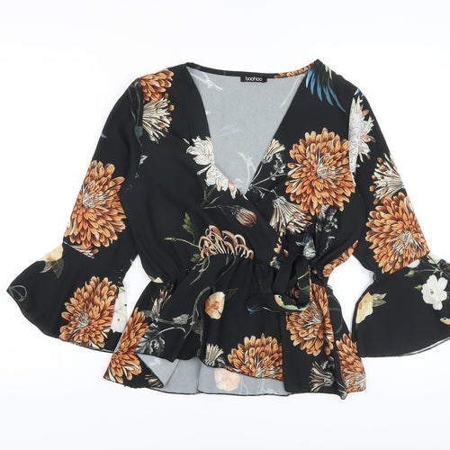 Boohoo Womens Black Floral Polyester Wrap Blouse Size 10 V-Neck