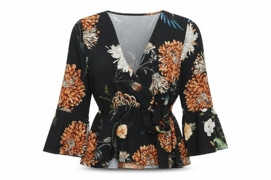 Front view of Boohoo women’s black floral polyester wrap blouse, size UK 10, v-neck