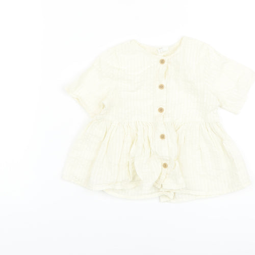 H&M Girls Ivory Cotton Basic Blouse Size 2 Years Crew Neck Button