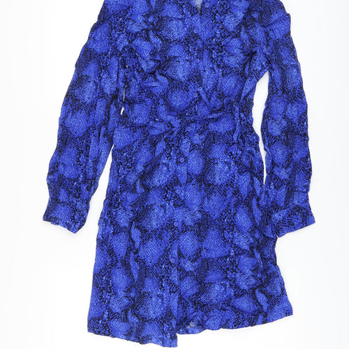 Marks and Spencer Womens Blue Animal Print Viscose Shirt Dress Size 8 Collared Button