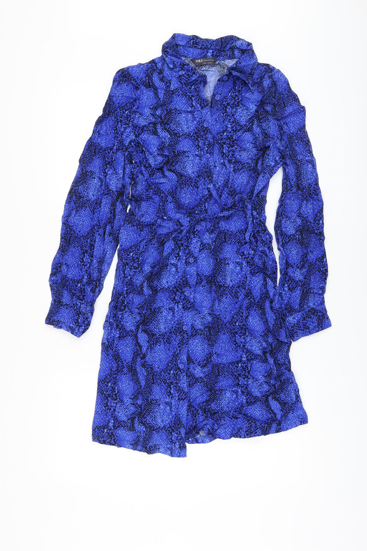 Marks and Spencer Womens Blue Animal Print Viscose Shirt Dress Size 8 Collared Button