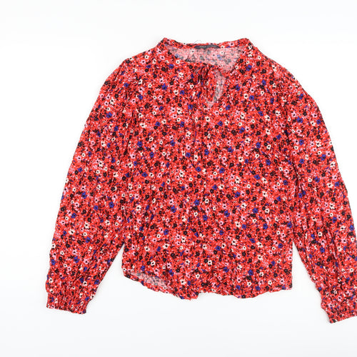 Marks and Spencer Womens Red Floral Viscose Basic Blouse Size 6 Round Neck