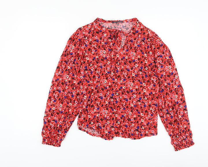 Marks and Spencer Womens Red Floral Viscose Basic Blouse Size 6 Round Neck