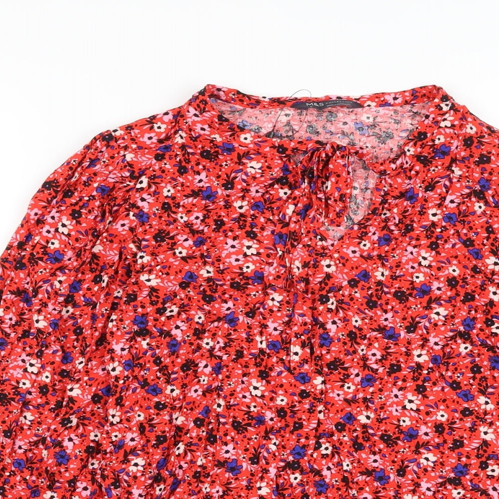 Marks and Spencer Womens Red Floral Viscose Basic Blouse Size 6 Round Neck