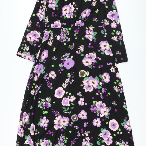Marks and Spencer Womens Black Floral Polyester A-Line Size 8 Mock Neck Zip