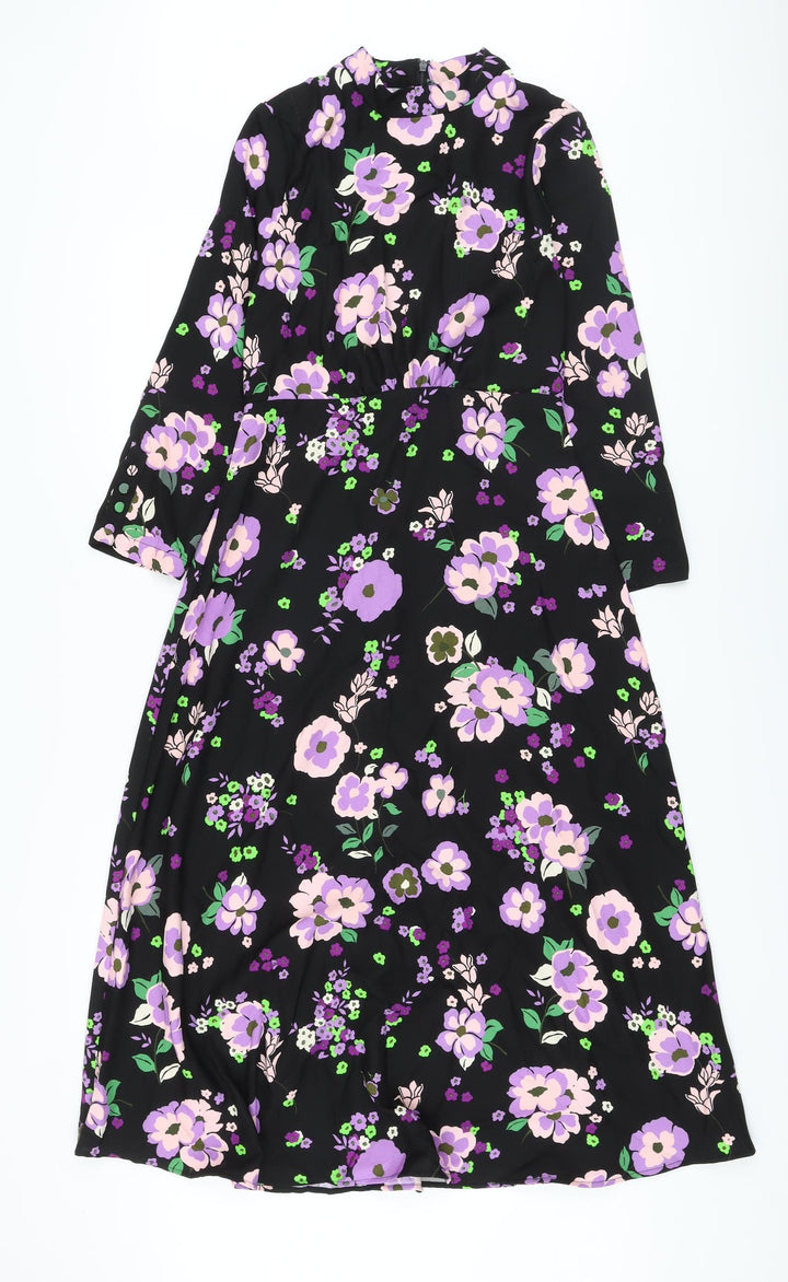 Marks and Spencer Womens Black Floral Polyester A-Line Size 8 Mock Neck Zip