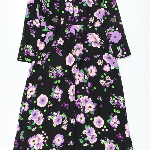 Marks and Spencer Womens Black Floral Polyester A-Line Size 8 Mock Neck Zip