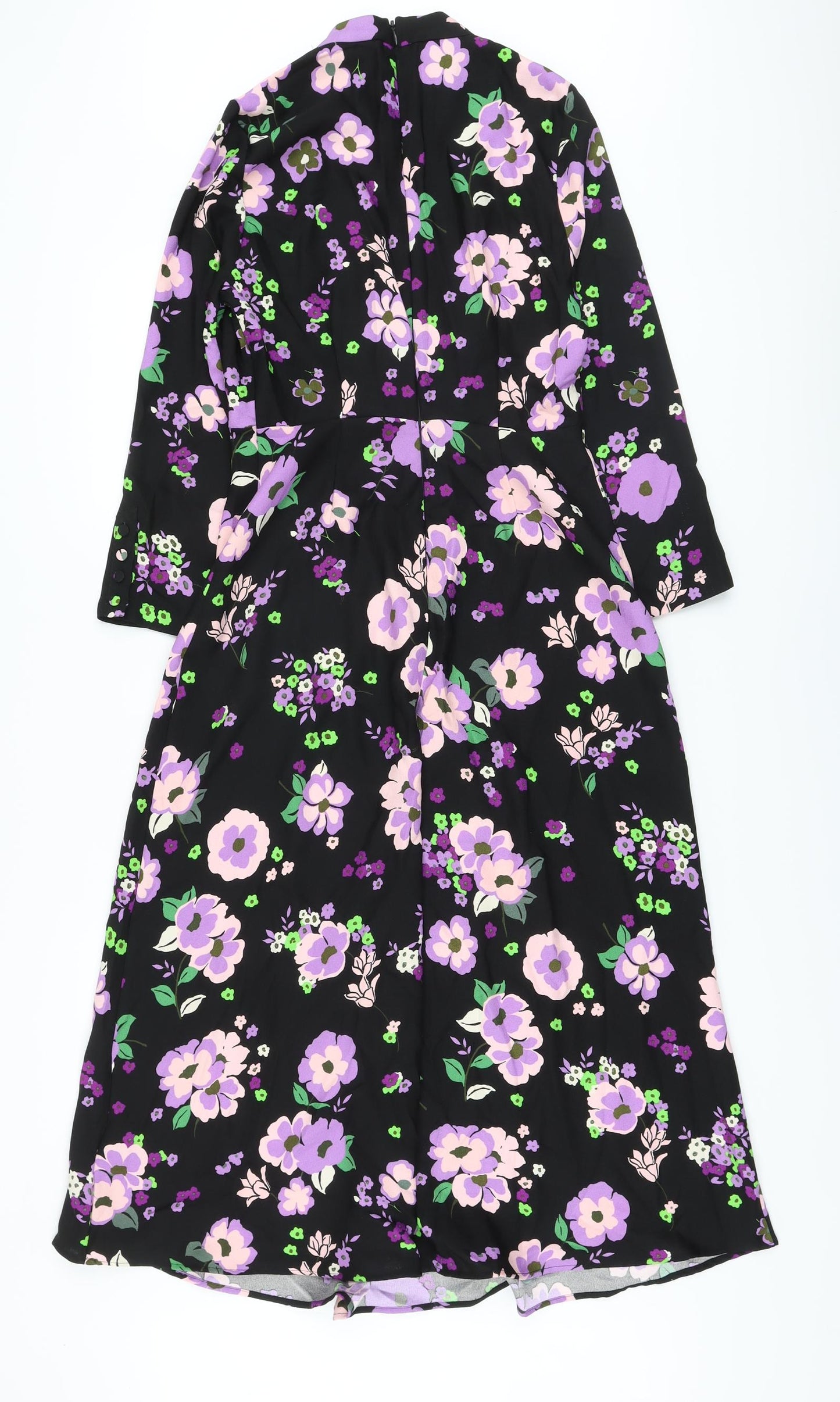 Marks and Spencer Womens Black Floral Polyester A-Line Size 8 Mock Neck Zip
