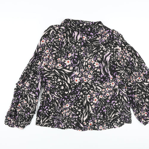 Marks and Spencer Womens Black Floral Viscose Basic Blouse Size 10 V-Neck