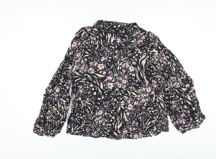 Marks and Spencer Womens Black Floral Viscose Basic Blouse Size 10 V-Neck