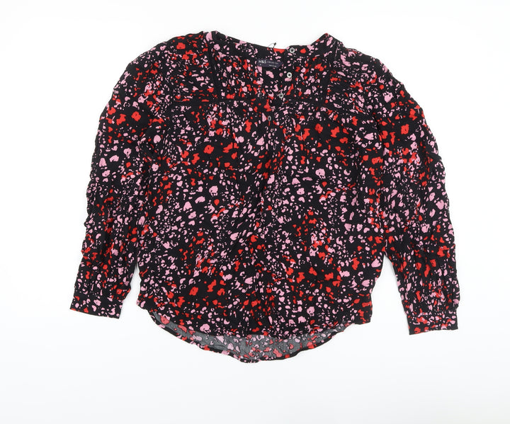 Marks and Spencer Womens Black Animal Print Viscose Basic Blouse Size 6 V-Neck