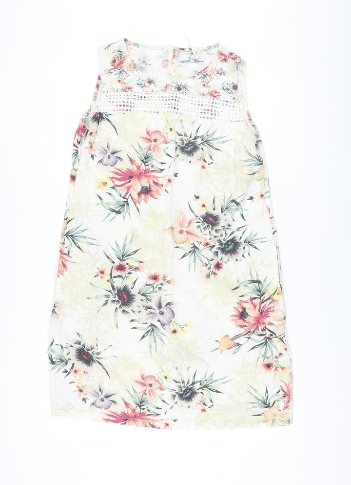 Nextr Womens Multicoloured Floral Linen A-Line Size 12 Round Neck Pullover