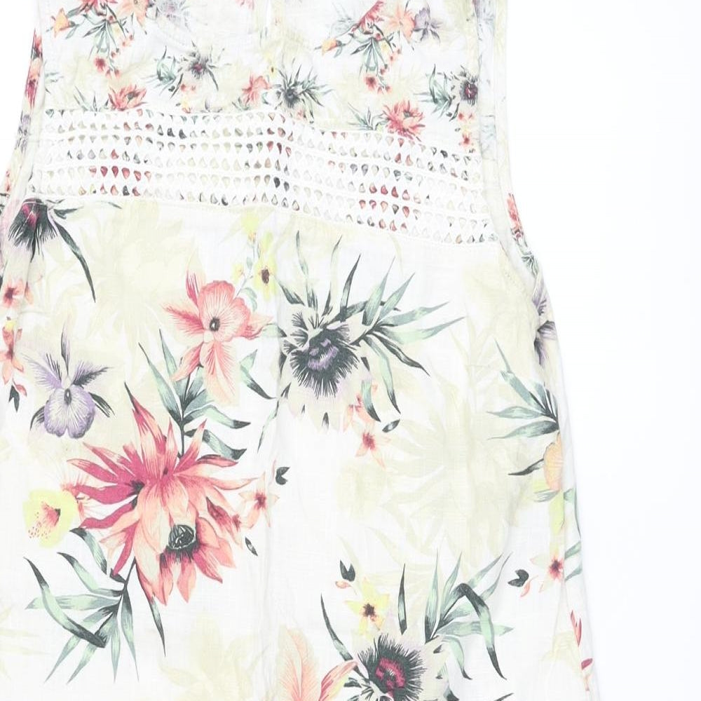 Nextr Womens Multicoloured Floral Linen A-Line Size 12 Round Neck Pullover