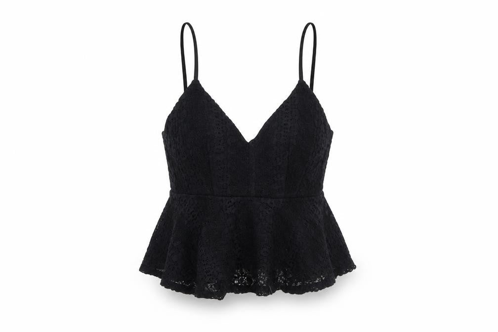 Front view of Topshop women’s black viscose basic tank, size UK 6, v-neck