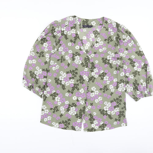Marks and Spencer Womens Green Floral Polyester Basic Blouse Size 8 V-Neck