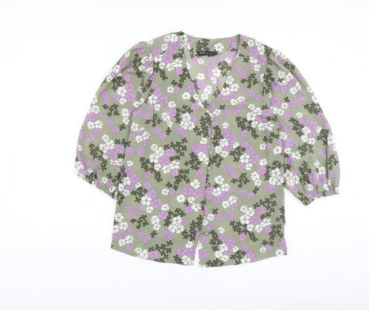 Marks and Spencer Womens Green Floral Polyester Basic Blouse Size 8 V-Neck