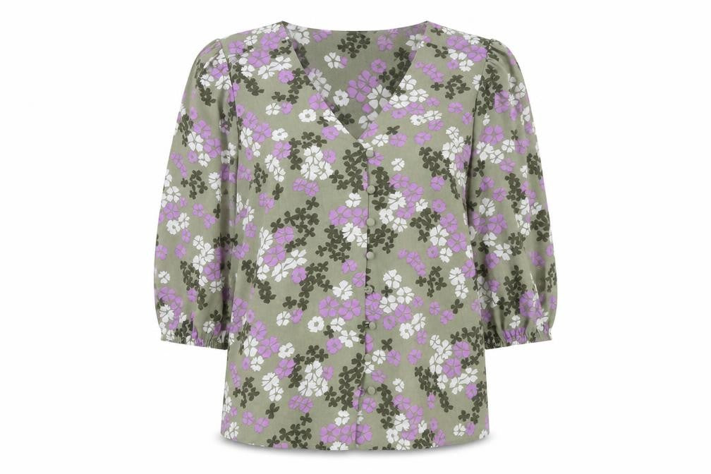 Front view of Marks & Spencer women’s green floral polyester basic blouse, size UK 8, v-neck