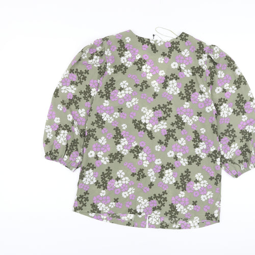 Marks and Spencer Womens Green Floral Polyester Basic Blouse Size 8 V-Neck