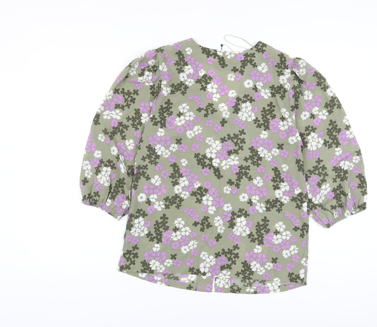 Marks and Spencer Womens Green Floral Polyester Basic Blouse Size 8 V-Neck