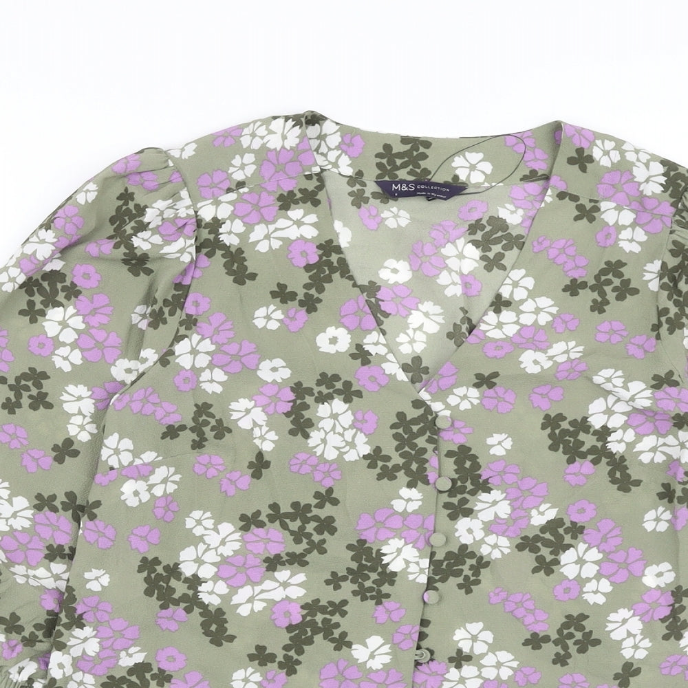 Marks and Spencer Womens Green Floral Polyester Basic Blouse Size 8 V-Neck