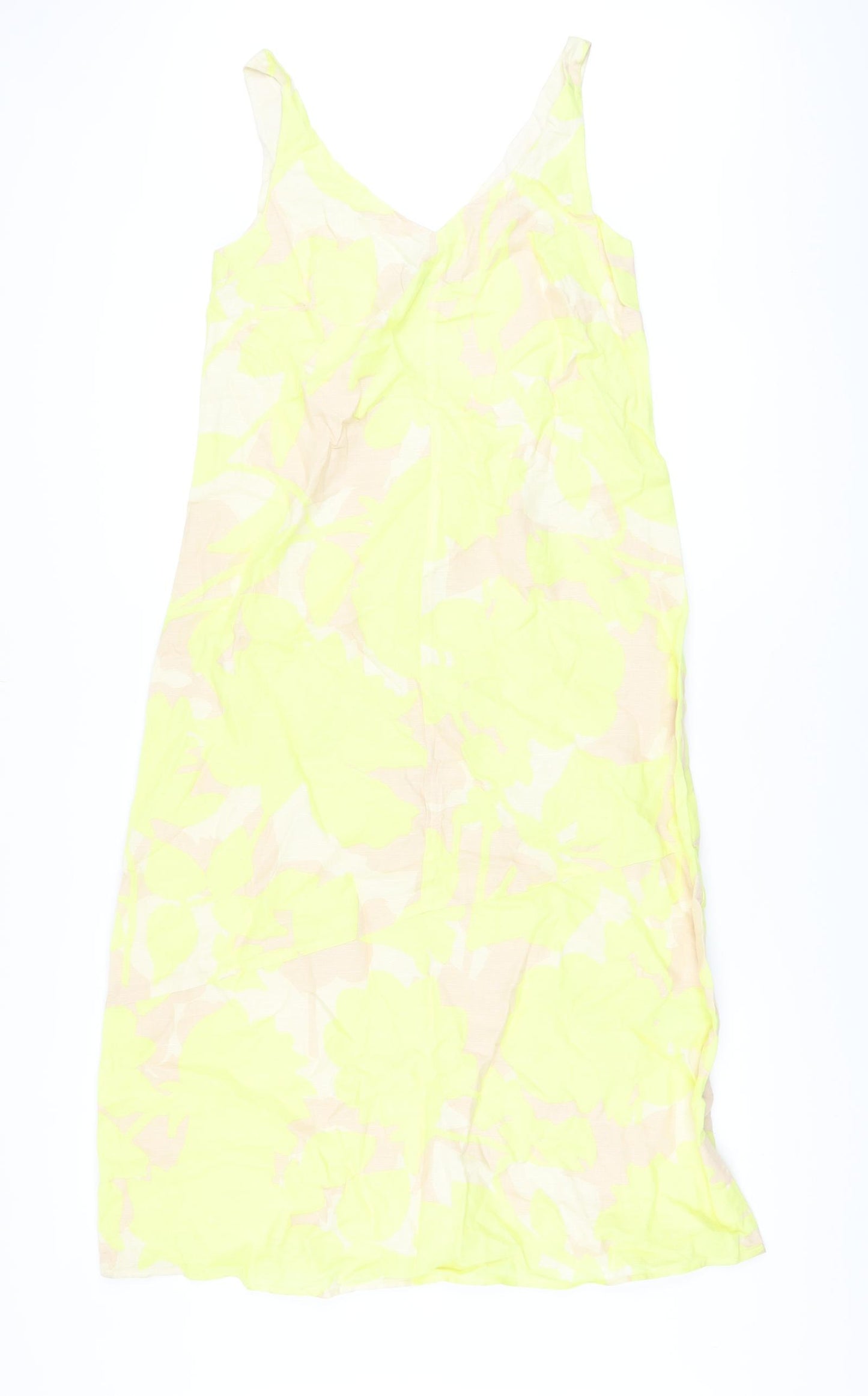 Marks and Spencer Womens Yellow Geometric Linen A-Line Size 6 V-Neck Pullover
