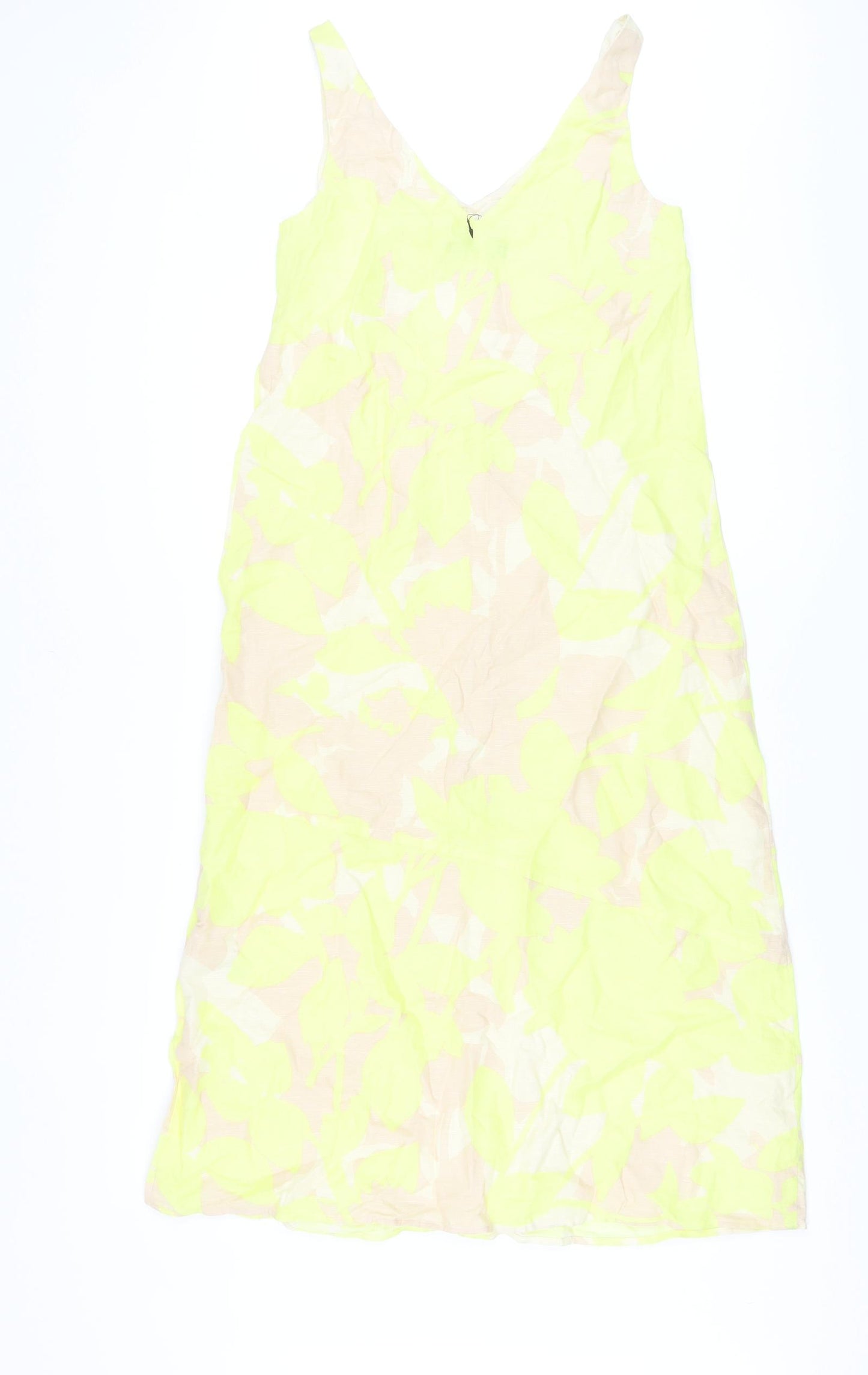 Marks and Spencer Womens Yellow Geometric Linen A-Line Size 6 V-Neck Pullover