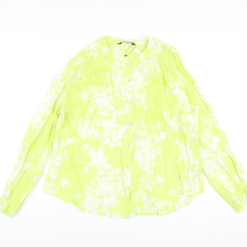 Marks and Spencer Womens Green Floral Cotton Basic Blouse Size 10 Crew Neck