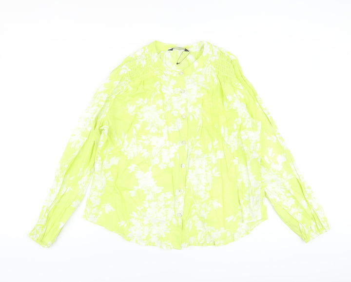 Marks and Spencer Womens Green Floral Cotton Basic Blouse Size 10 Crew Neck