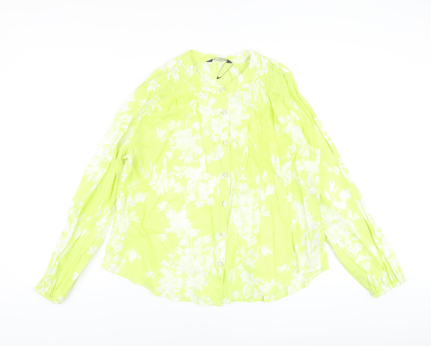 Marks and Spencer Womens Green Floral Cotton Basic Blouse Size 10 Crew Neck