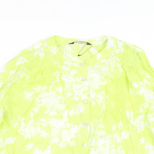 Marks and Spencer Womens Green Floral Cotton Basic Blouse Size 10 Crew Neck