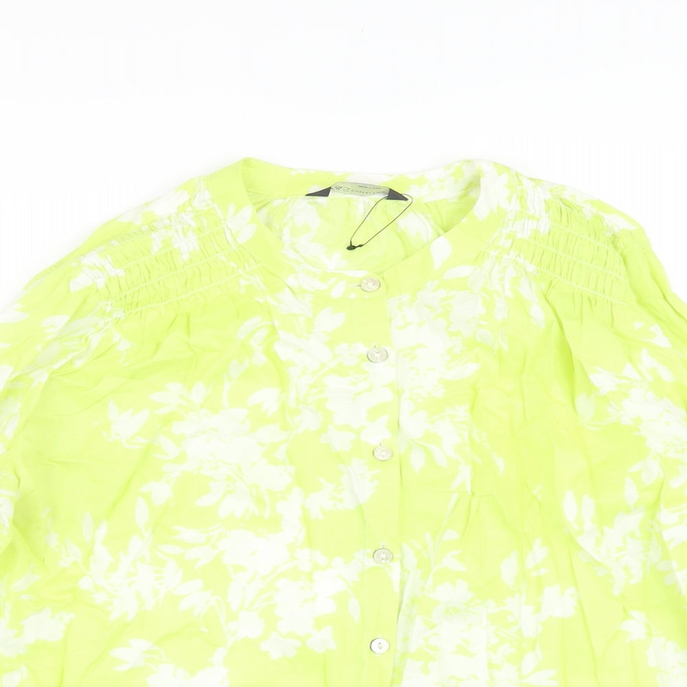 Marks and Spencer Womens Green Floral Cotton Basic Blouse Size 10 Crew Neck