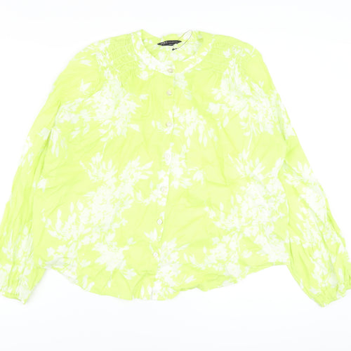 Marks and Spencer Womens Green Floral Cotton Basic Blouse Size 10 Crew Neck