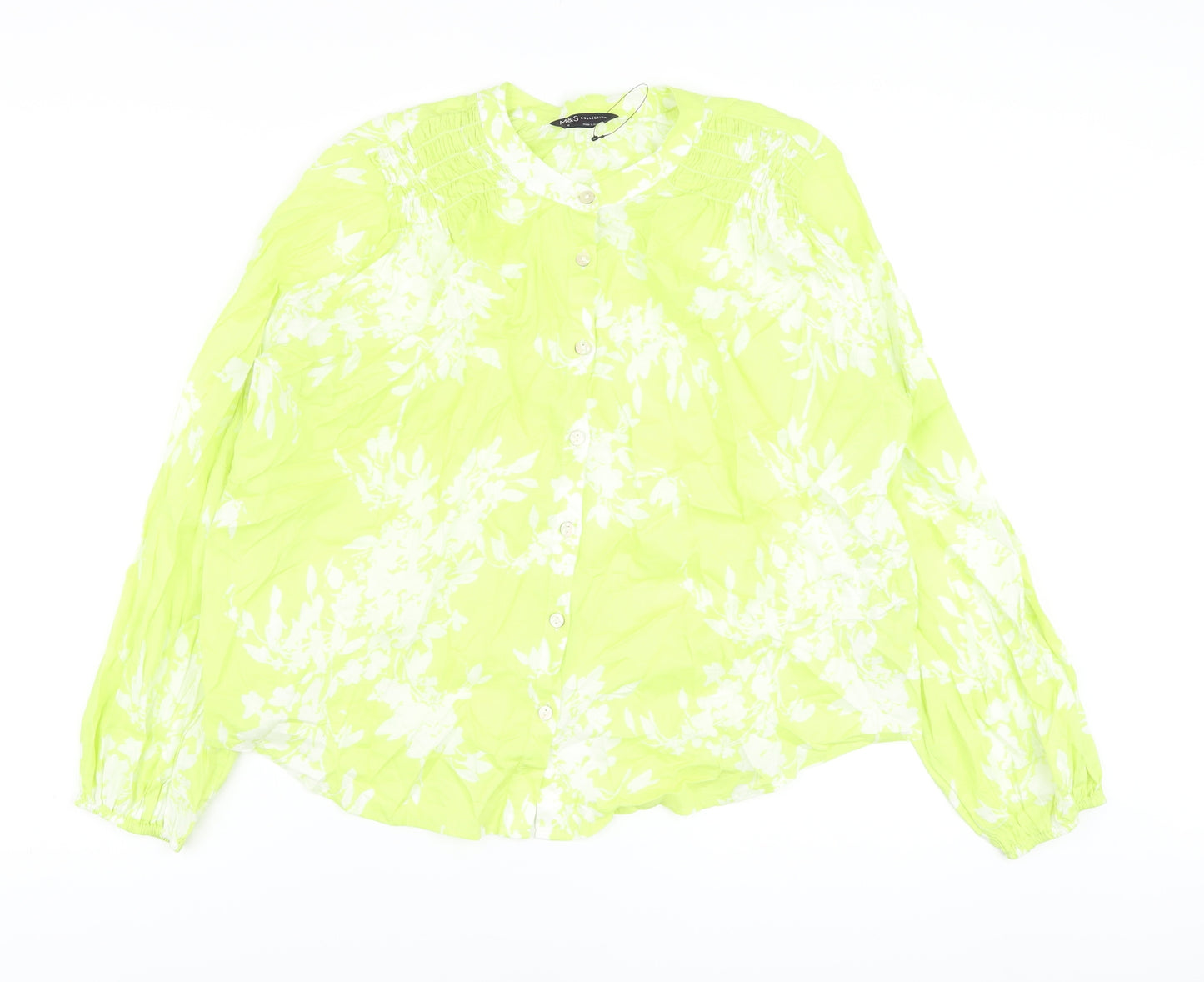 Marks and Spencer Womens Green Floral Cotton Basic Blouse Size 10 Crew Neck