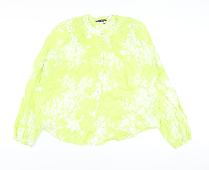 Marks and Spencer Womens Green Floral Cotton Basic Blouse Size 10 Crew Neck