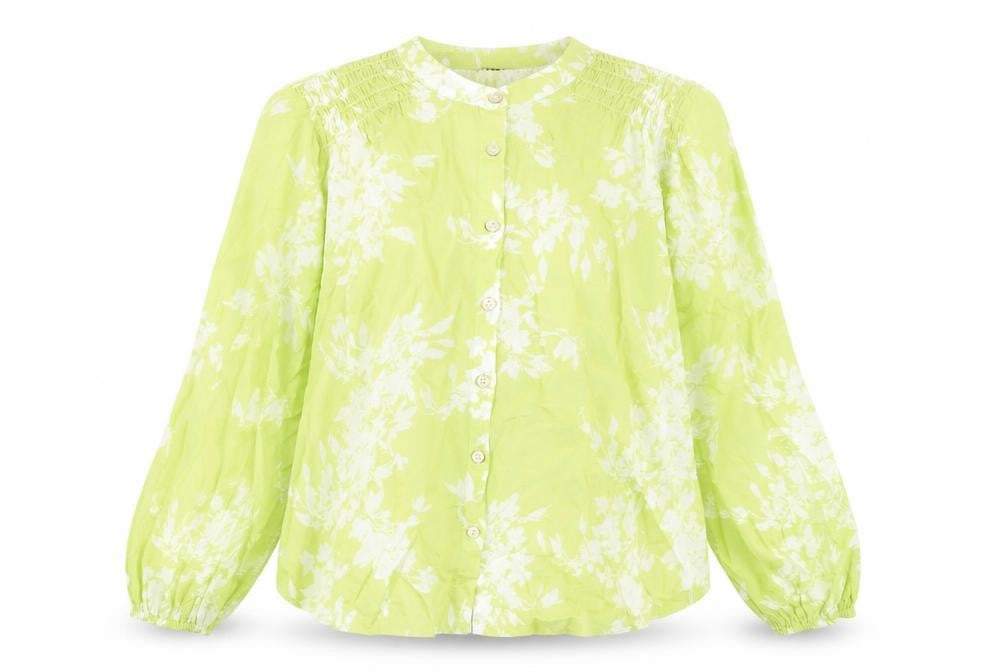 Front view of Marks & Spencer women’s green floral cotton basic blouse, size UK 10, crew neck