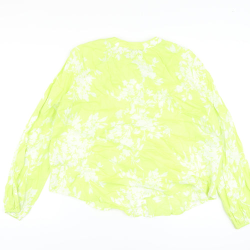 Marks and Spencer Womens Green Floral Cotton Basic Blouse Size 10 Crew Neck