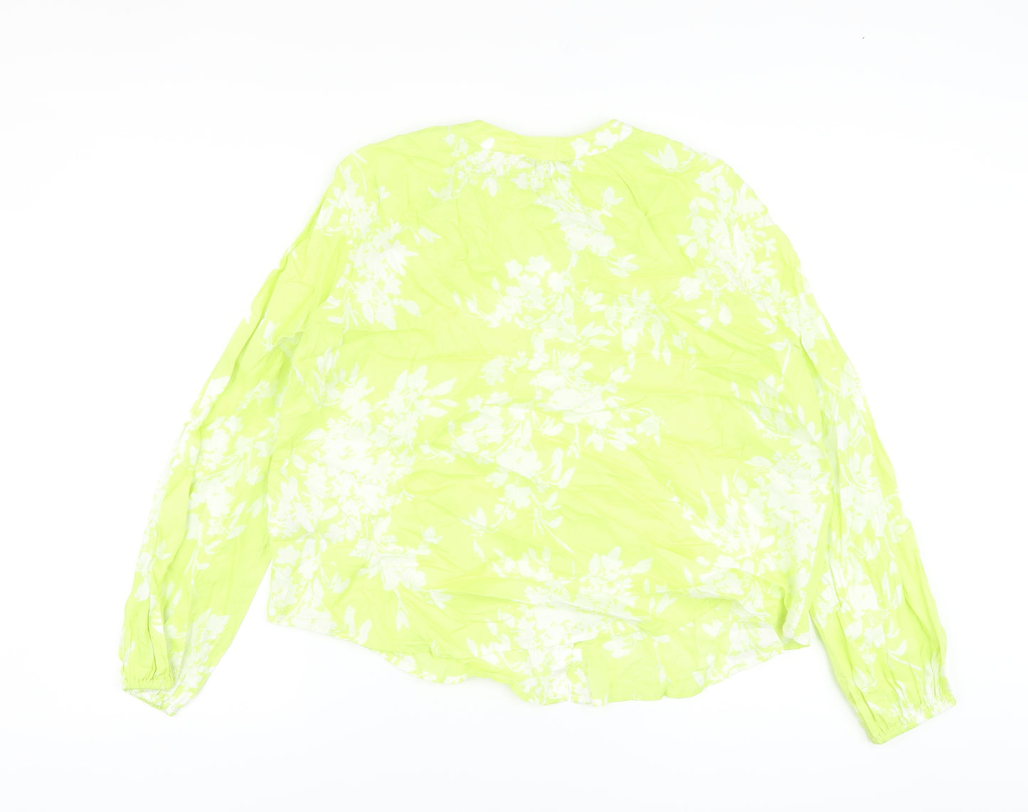 Marks and Spencer Womens Green Floral Cotton Basic Blouse Size 10 Crew Neck