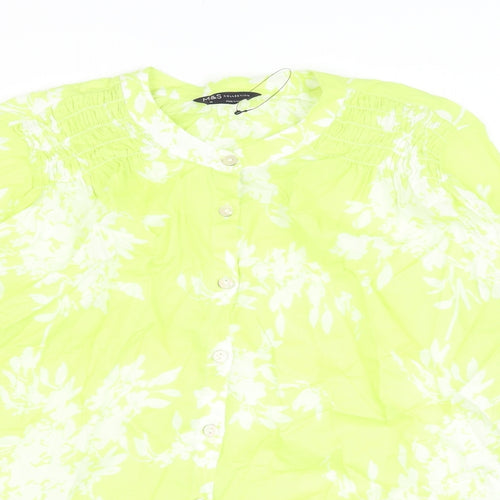 Marks and Spencer Womens Green Floral Cotton Basic Blouse Size 10 Crew Neck