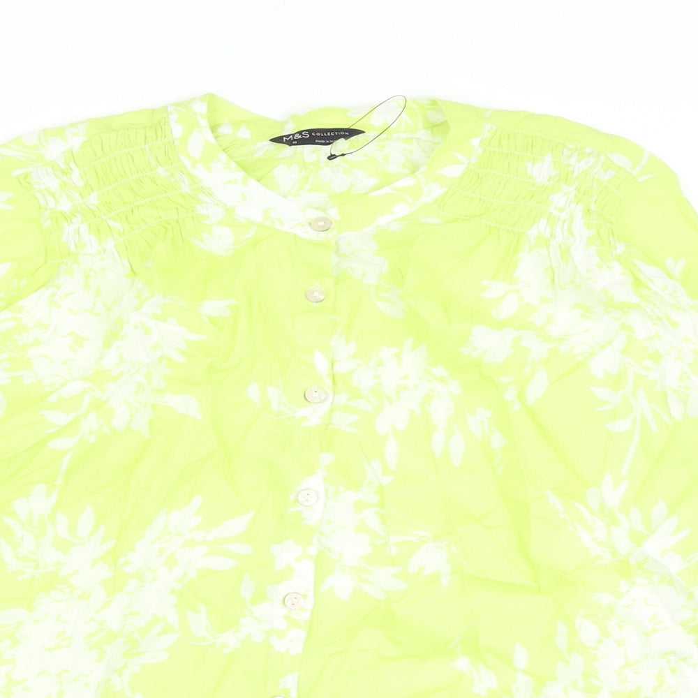 Marks and Spencer Womens Green Floral Cotton Basic Blouse Size 10 Crew Neck