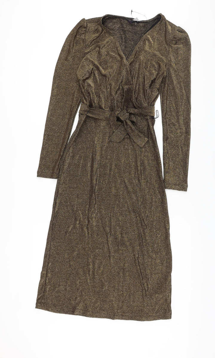 Marks and Spencer Womens Gold Polyamide Sheath Size 6 V-Neck Pullover