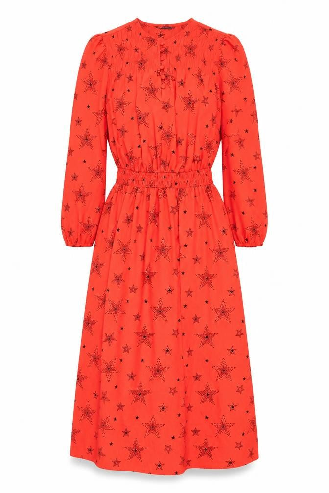 Front view of Marks & Spencer women’s red geometric polyester a-line, size UK 6, crew neck button