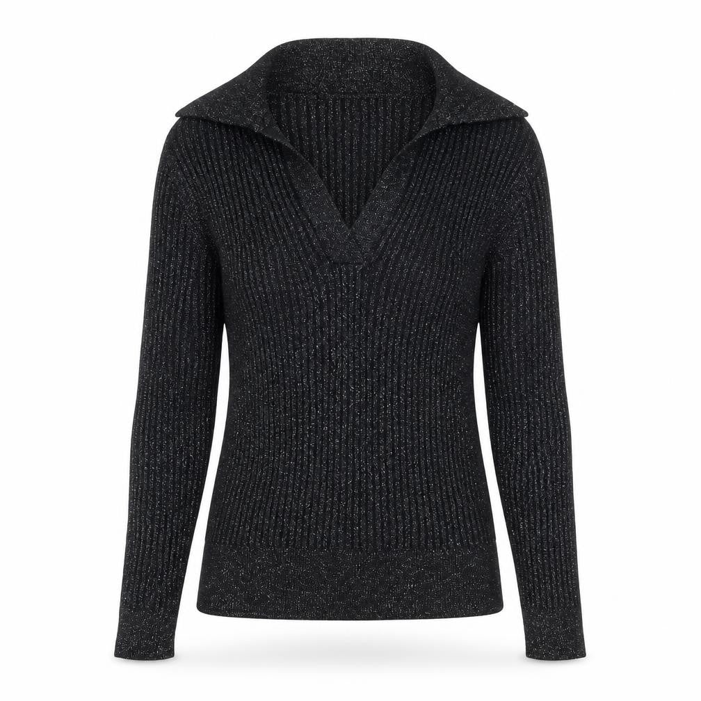 Front view of Marks & Spencer women’s black collared viscose jumper, size UK 6