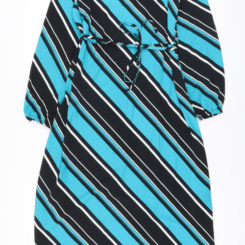 Marks and Spencer Womens Blue Striped Polyester A-Line Size 8 Mock Neck Button