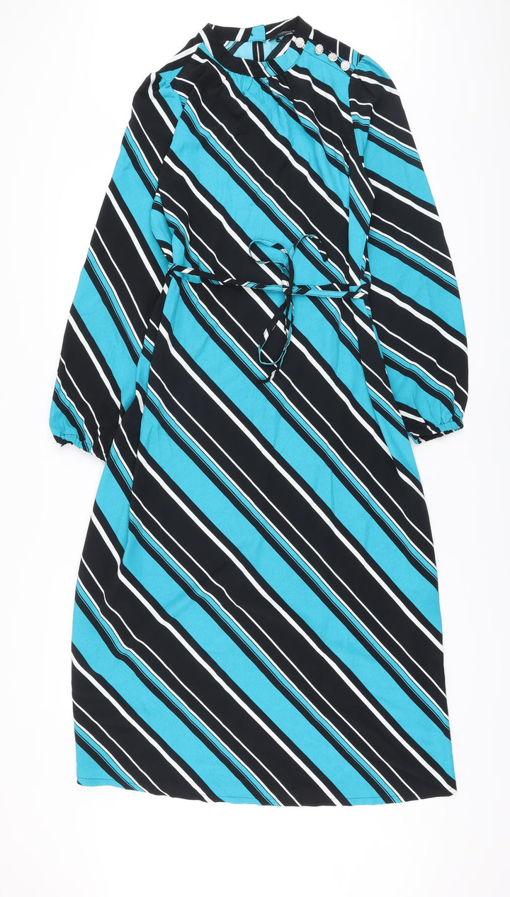 Marks and Spencer Womens Blue Striped Polyester A-Line Size 8 Mock Neck Button