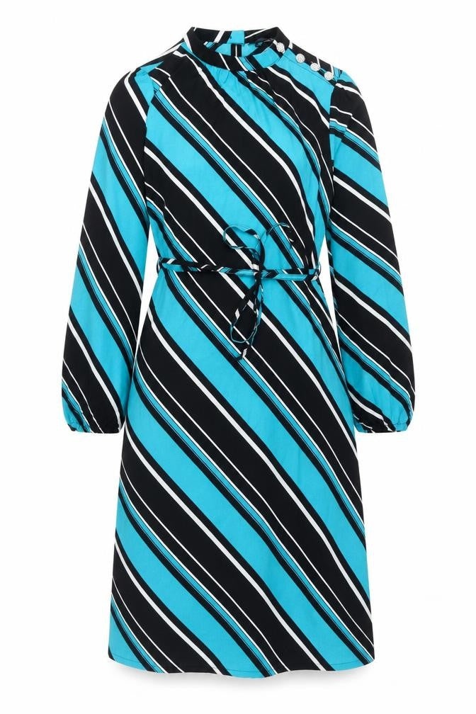 Front view of Marks & Spencer women’s blue striped polyester a-line, size UK 8, mock neck button