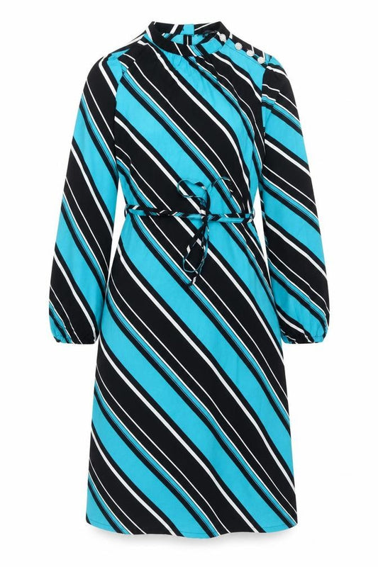 Front view of Marks & Spencer women’s blue striped polyester a-line, size UK 8, mock neck button